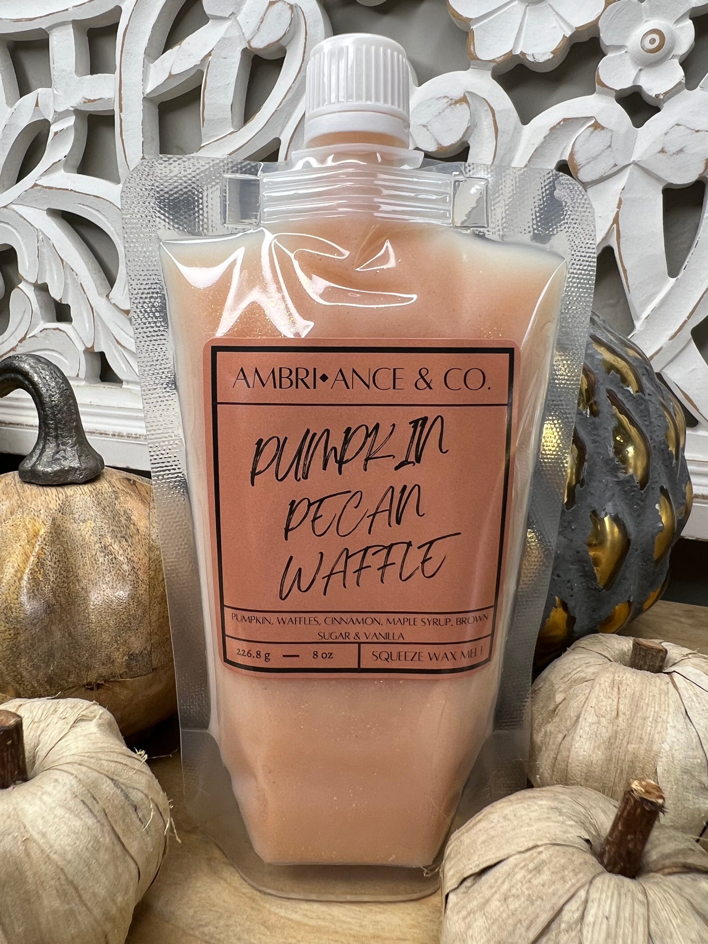 Pumpkin Pecan Waffle Squeeze Wax Melt 8oz Pouch Bakery Scent with notes of Pumpkin, Waffle, Cinnamon, Maple Syrup, Brown Sugar & Vanilla. Ambri-ance & Co product